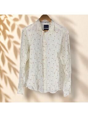 Stitch Note Shirt Men M Medium Beige Floral Button Up Collared Linen Long Sleeve